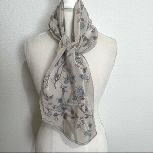 Ivory Blue Pink Floral Silk Blend Accent Scarf Hair Tie